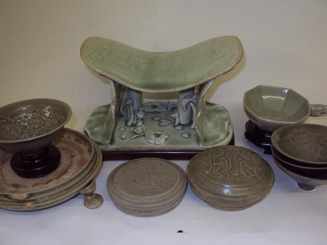 A collection of green glazed Chinese porcelain and stoneware