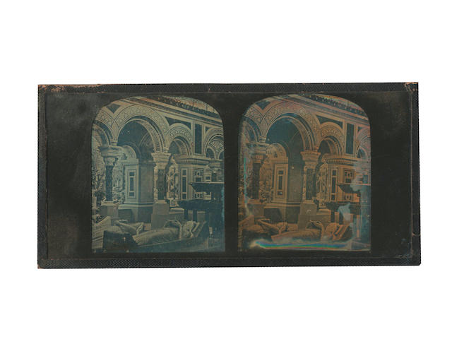 DAGUERREOTYPES - STEREOVIEWS A group of 6 stereoscopic views, 4 of art and interiors, a nude, and a portrait contained within a boxed stereoviewer in a leather case by Mr. Claudet of Regent Street, [c.1850] (6)