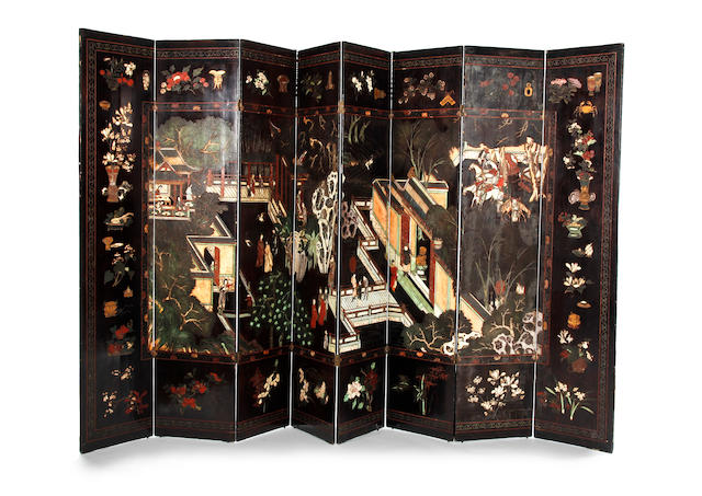 A very large Chinese eight-fold ebonised and polychrome bantam work screen Early 20th Century
