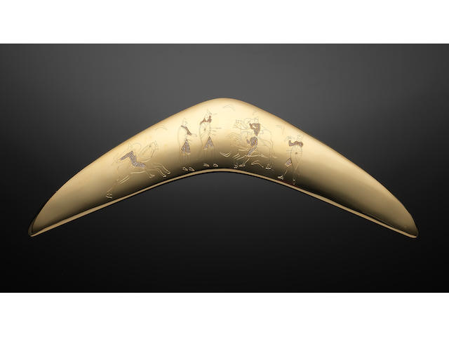 SIMON BENNEY: A unique 18 carat gold and diamond set boomerang maker's mark for Simon Benney, London 2004