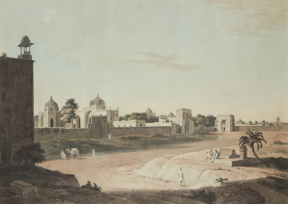 Bonhams : Thomas Daniell, RA (British, 1749-1840), and William Daniel, RA (British, 1769-1837) Three aquatints with hand colouring 1. 'View at Delhi, Near the Mausoleum of Humaioon', plate XIX 2. 'Gate of