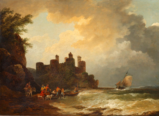 Philip James de Loutherbourg (Basel 1740-1812 Chiswick) Figures on a rocky shoreline, before a castle