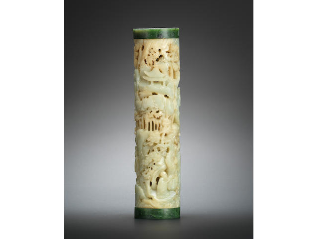 A rare pale greenish-white jade parfumier with green jade covers Qianlong