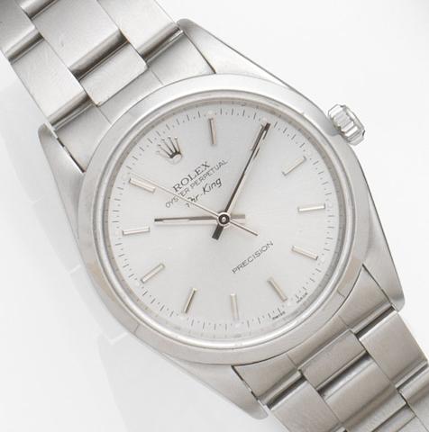 Rolex. A stainless steel automatic centre seconds bracelet watch with service papersAir King, Ref:14000, Case No.W211***, Movement No.464****, Circa 1994