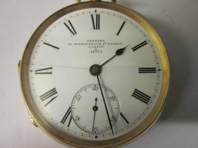 An 18 carat gold open faced key wound pocket watch, The dial signed Gabriel, 24 Bishopsgate Street Within London no 1/12763,