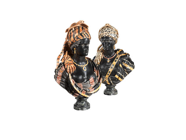 An impressive pair of Venetian early 20th century  Belgian black and specimen marble busts of an African king and queen