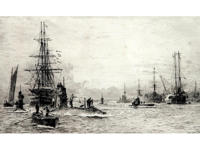 William Lionel Wyllie (British, 1851-1931) 'Submarines in Portsmouth Harbour'