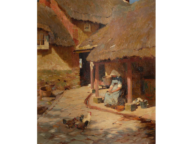 Frederick Hall (British, 1860-1948) Figure by a cottage