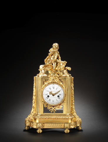 A fine and rare late 18th century French ormolu mantel clock depicting the Victory of Love over Time Mathieu Le Jeune
