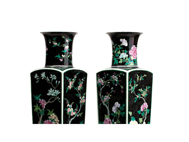 A pair of large famille noir vases 19th century, marked with a ribbon tied artemesia leaf