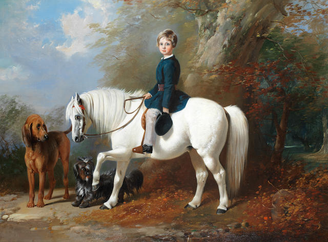 Henry Barraud (British, 1811-1874) Master Beresford Lowndes with his favourite pony and dogs
