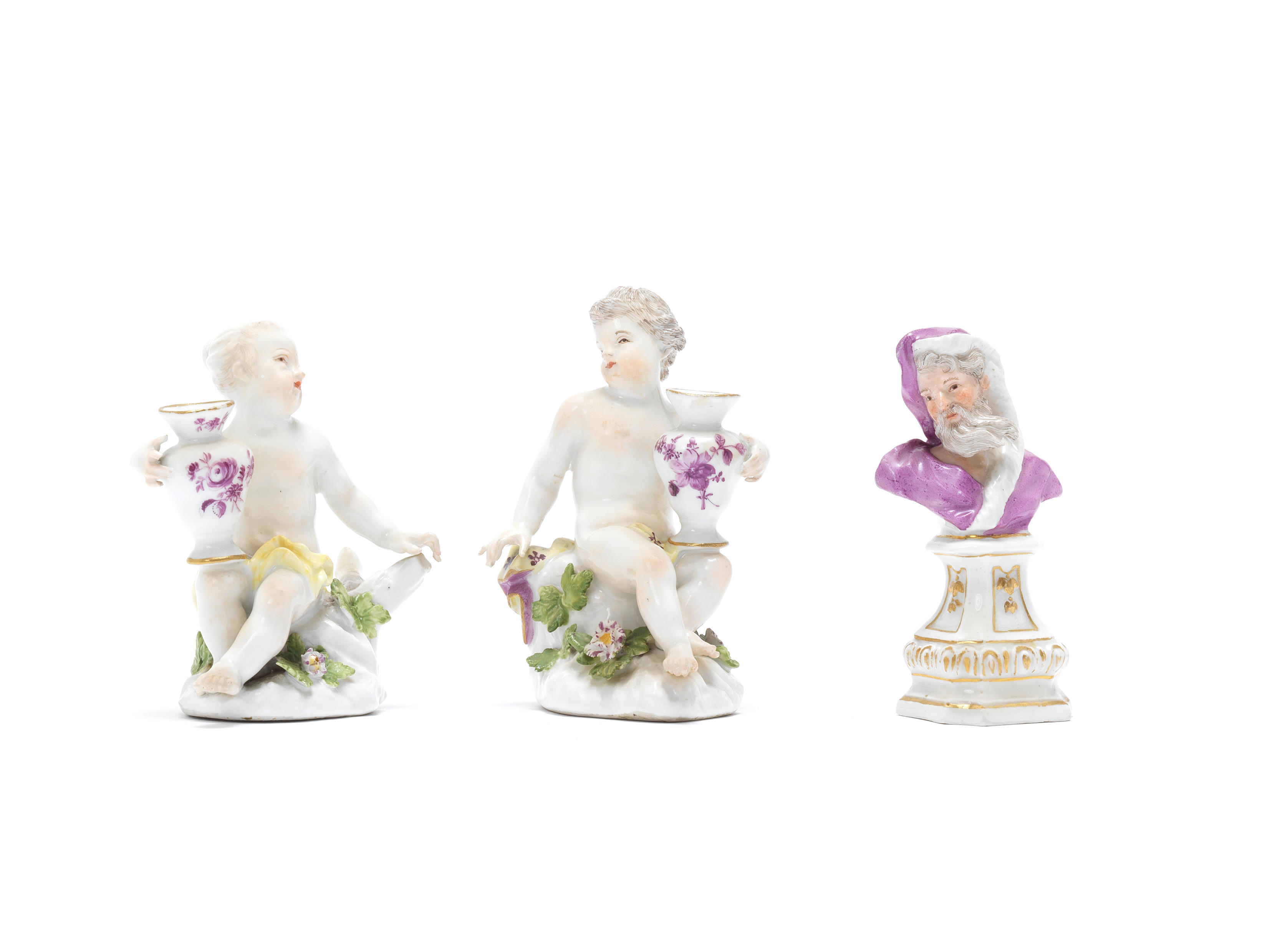 A pair of Meissen figures of putti with vases and a small bust, circa 1760