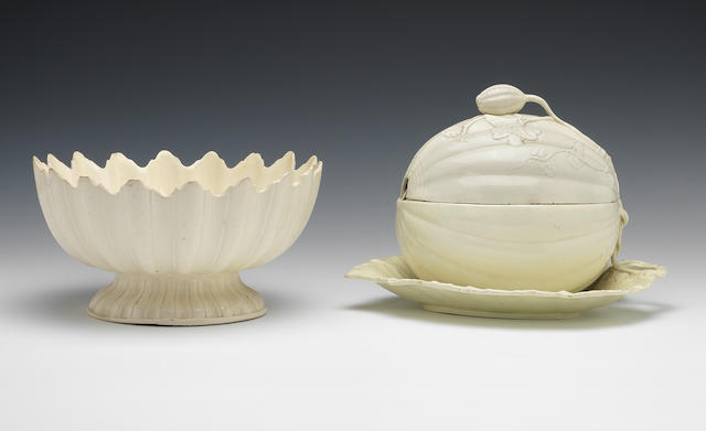 A creamware salad bowl and a melon tureen, cover with fixed stand, circa 1790-1800