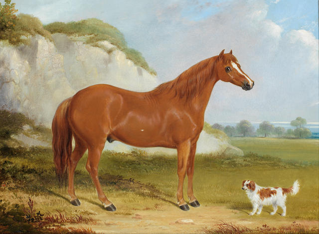 William Barraud (British, 1810-1850) A chestnut horse and spaniel in a landscape