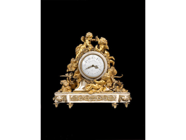 A fine French mid-19th century ormolu-mounted white marble mantel clockpossibly by Beurdeley, the movement by Ferdinand Berthoud, Paris
