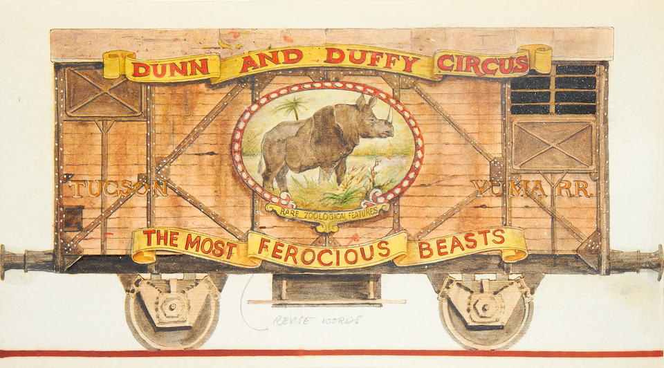 Indiana Jones and the Last Crusade: An original pre-production concept design, 1989, for the opening sequence 'Dunn and Duffy Circus' train, 9