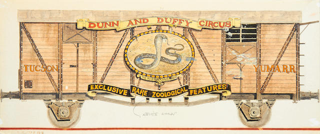Indiana Jones and the Last Crusade: An original pre-production concept design, 1989, for the opening sequence 'Dunn and Duffy Circus' train, 9