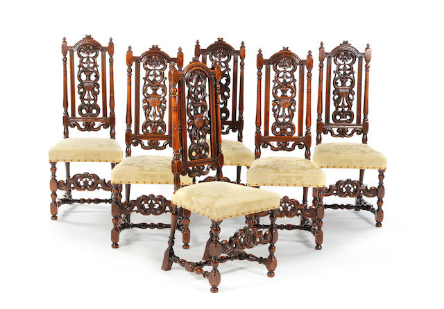 A set of six North European walnut high-back dining chairs 19th century, after Daniel Marot