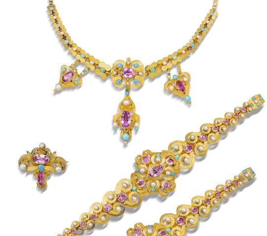 Bonhams : A gold, foiled topaz, turquoise and seed pearl parure ...