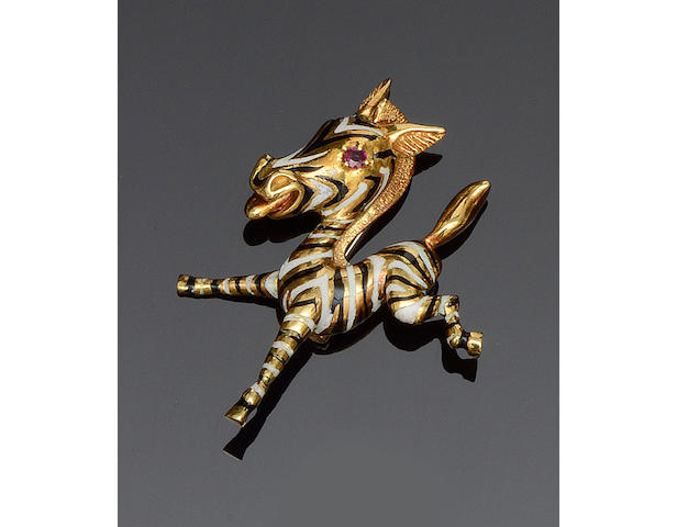 An 18ct gold and enamel novelty zebra brooch