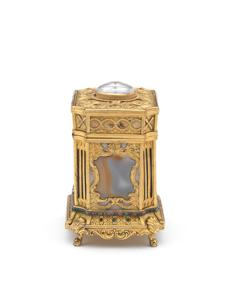 A fine and rare late 18th century moss agate and stone set gilt metal musical casket with automata scene in the manner of James Cox The watch movement by J. Stroud, London