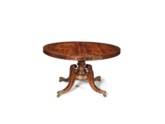 A Regency rosewood and brass marquetry centre table