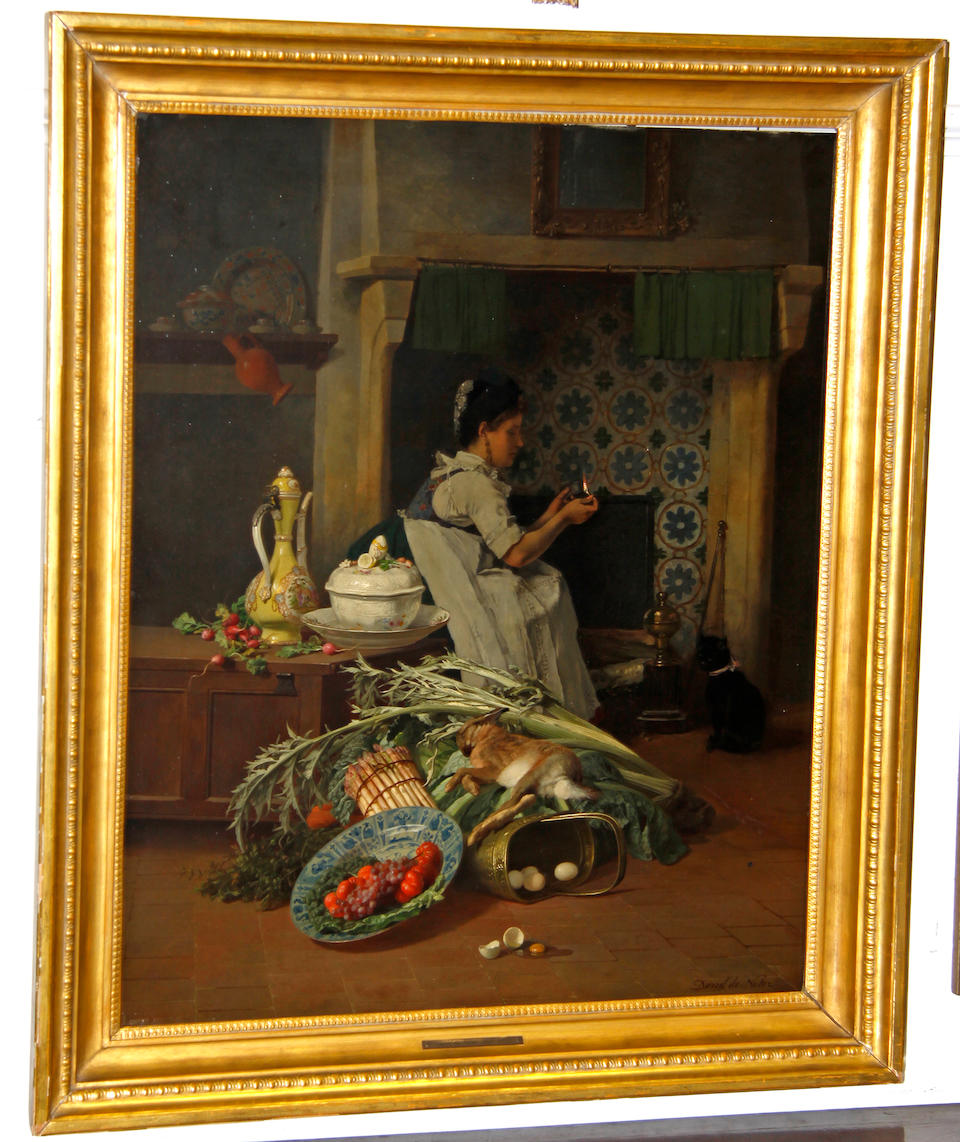 David Emile Joseph de Noter (Belgian, 1825-1892) Kitchen maid with game and vegetables