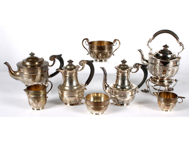 A matched nine piece silver tea set  (9)