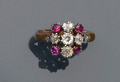 A synthetic ruby and diamond ring