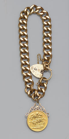 A 9ct gold curb-link bracelet with sovereign pendant