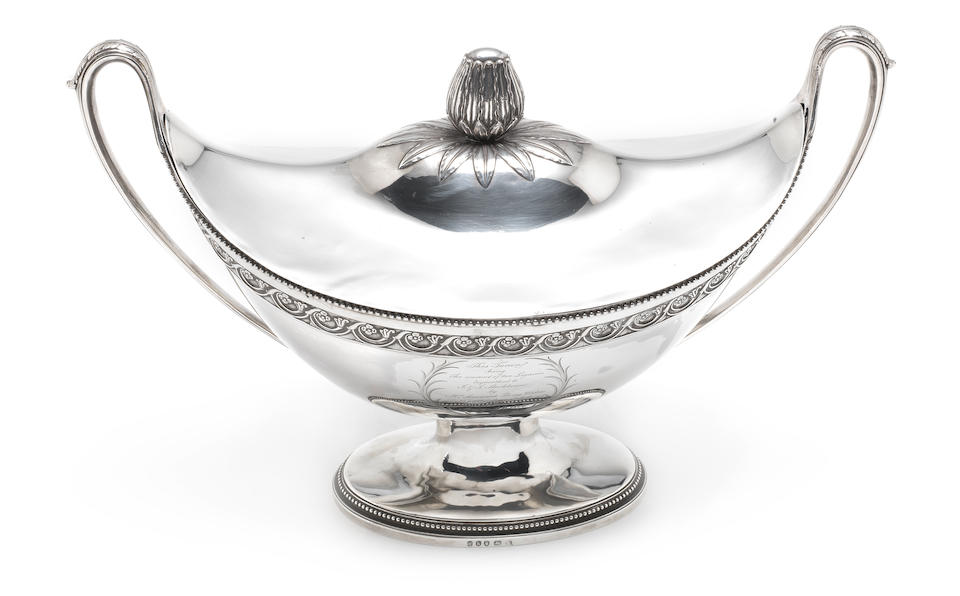 An impressive George III silver soup tureen and cover by Fogelberg & Gilbert, London 1785