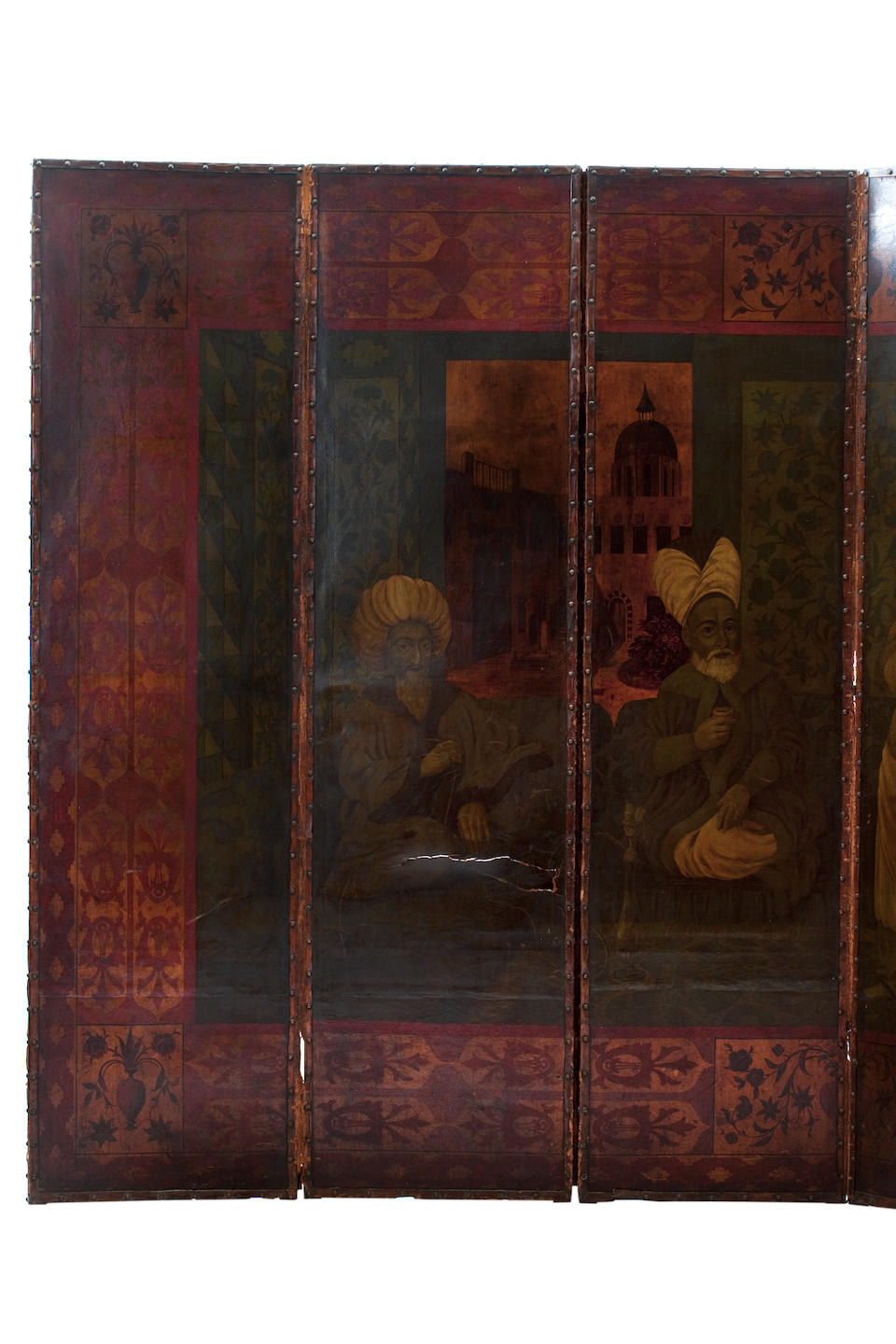 A large six fold painted leather screen Probably mid-19th century