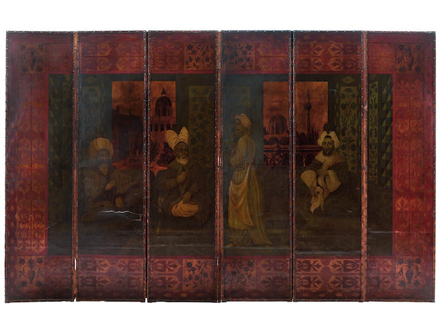 A large six fold painted leather screen Probably mid-19th century