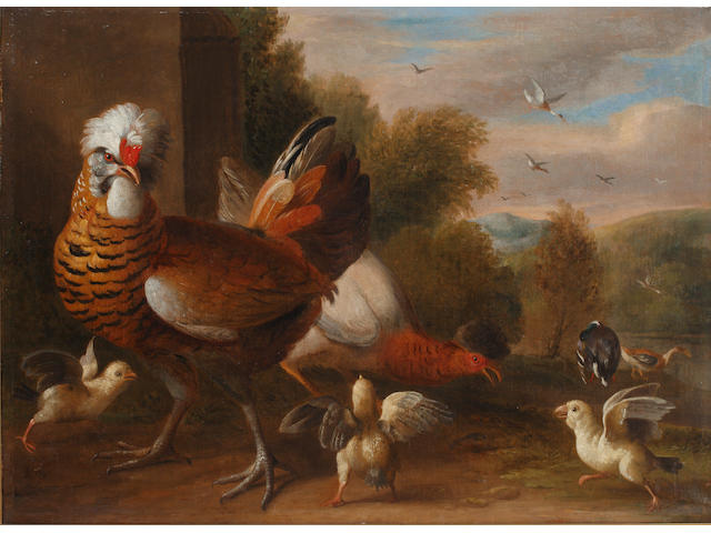 Manner of Melchior de Hondecoeter, circa 1800 A cockerel with two pigeons in an open landscape; and A chicken with chicks with a landscape beyond (a pair) (2)