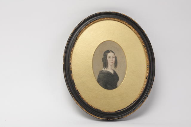 British School, (19th century) Portrait miniature of a young woman in a black dress with ringlets