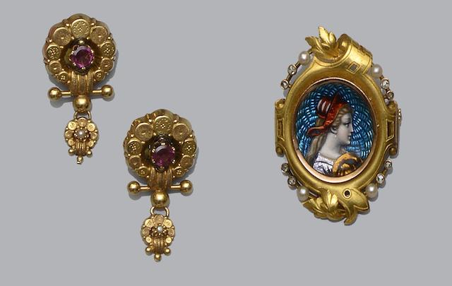A Continental enamel, diamond and seed pearl brooch, and a pair of gem set earpendants  (2)
