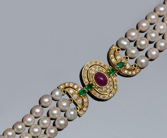 A cultured pearl and vari gem-set necklace