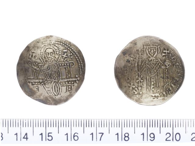 Cyprus, Henry I AD 1218-1253, Electrum Bezant (3.78g).type 3c.dies A/a.. IC-XC, christ enthroned, right hand raised in benediction. R.hENRICI REX CYPRI, king standing facing holding globus cruciger in right hand and long cross in left, X on staff of cross (Corpus P1.12.1.).