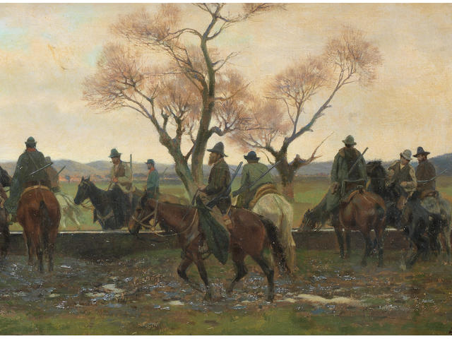Eugenio Cecconi (Italian, 1842-1903) Sosta dei cacciatori per far abbeverare i cavalli