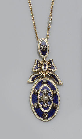 A Victorian style enamel, diamond and seed pearl pendant