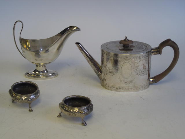 A George III silver teapot by Charles Wright, London 1782 together with other silver items (Qty)