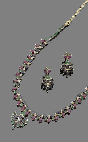 A sapphire, ruby and emerald necklace and earring suite (2)