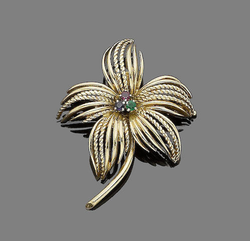 A ruby, sapphire and emerald flower brooch, by Cartier