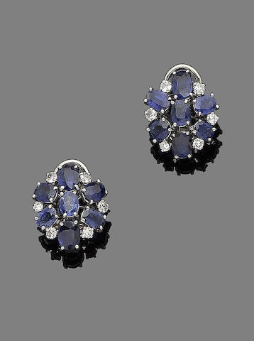A pair of sapphire and diamond earclips, by Grima,