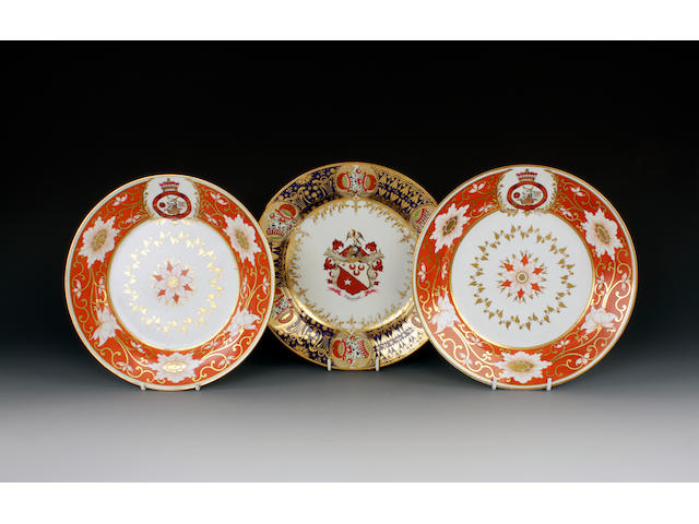 A Chamberlain armorial plate and a pair of plates from the Marquis of Abergavenny service, circa 1815