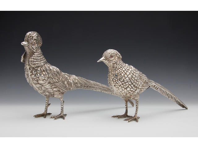A silver cock and hen pheasant table decoration by the Royal Irish Company, Dublin 1972/74