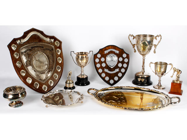 A continental silver coloured metal twin handled tray together with various silver plated trophies and related German, stamped '925 Sterling', weight 65ozs