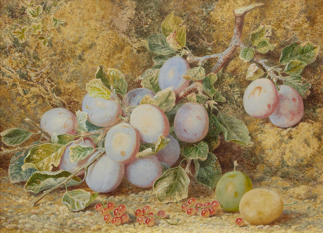 William Henry Hunt, OWS (British, 1790-1864) Still life of plums and redcurrants