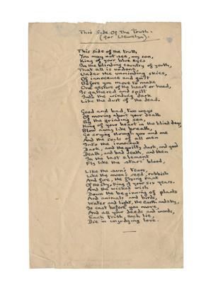 THOMAS, DYLAN, (1914-1953, Welsh poet) AUTOGRAPH MANUSCRIPT OF HIS POEM 'THIS SIDE OF THE TRUTH (FOR LLEWELLYN)', 1945 image 1