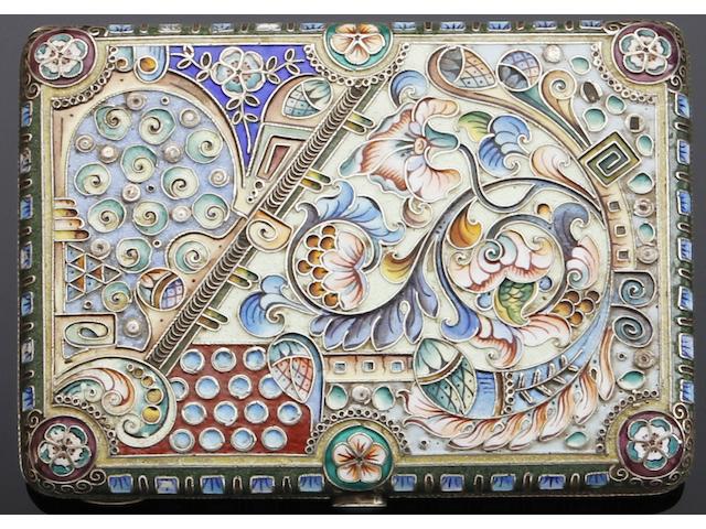 A Russian silver and enamel cigarette case by KC, untraced, Moscow 1908-1926